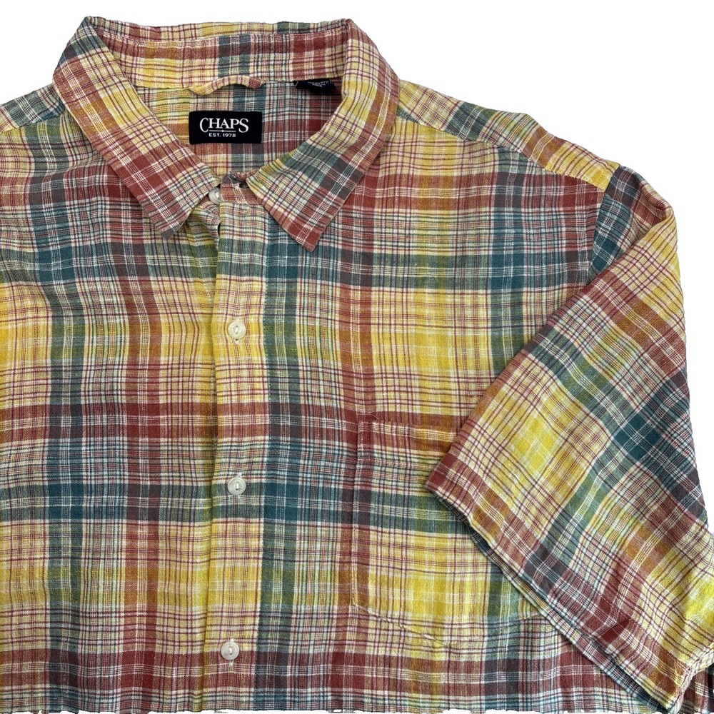 Chaps Seacoast Wash Short Sleeve Plaid Multi Shirt Linen Blend Men's Size XXL